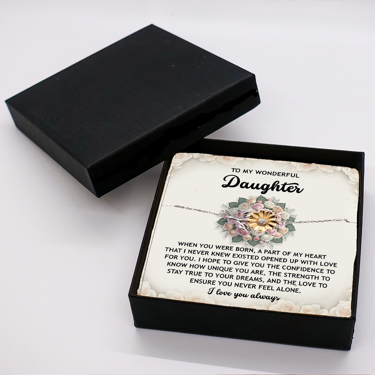 Daughter Sunflower Bracelet  – Sentimental Jewelry for Birthday, Graduation, Christmas Gift from Parent – Includes Heartfelt Message Card - Never Feel Alone - Mallard Moon Gift Shop