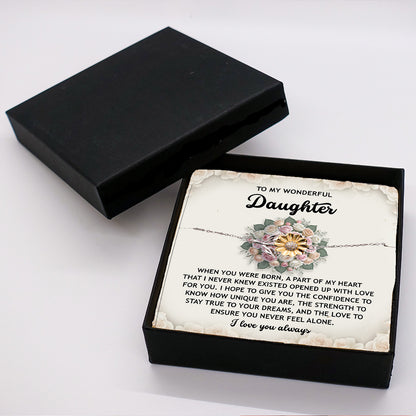 Daughter Sunflower Bracelet  – Sentimental Jewelry for Birthday, Graduation, Christmas Gift from Parent – Includes Heartfelt Message Card - Never Feel Alone - Mallard Moon Gift Shop