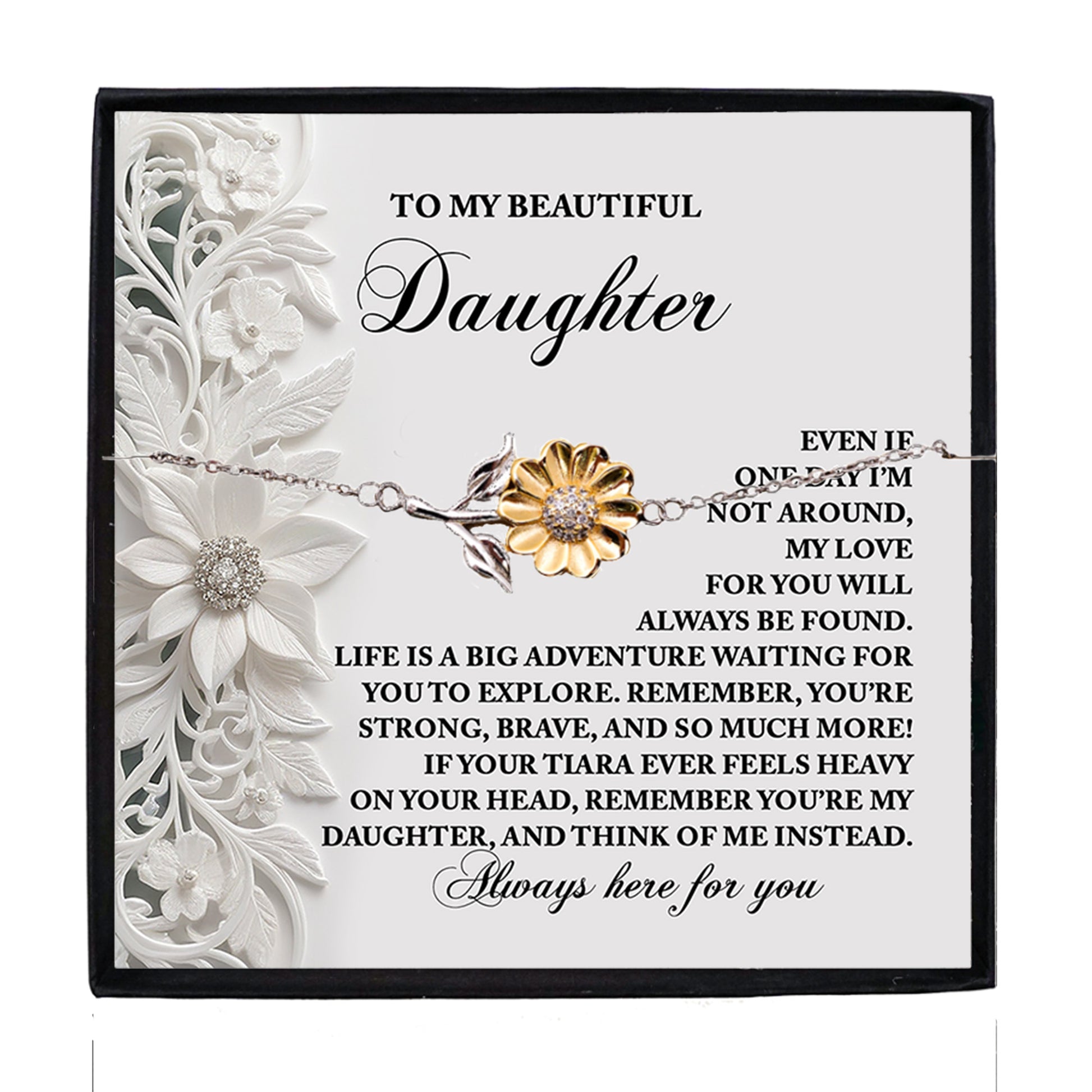 Daughter Sunflower Bracelet Sterling Silver with 18K Gold-Plated Petals – Sentimental Birthday Graduation Christmas Jewelry Gift from Parent – Life is a Big Adventure - Heartfelt Message Card - Mallard Moon Gift Shop