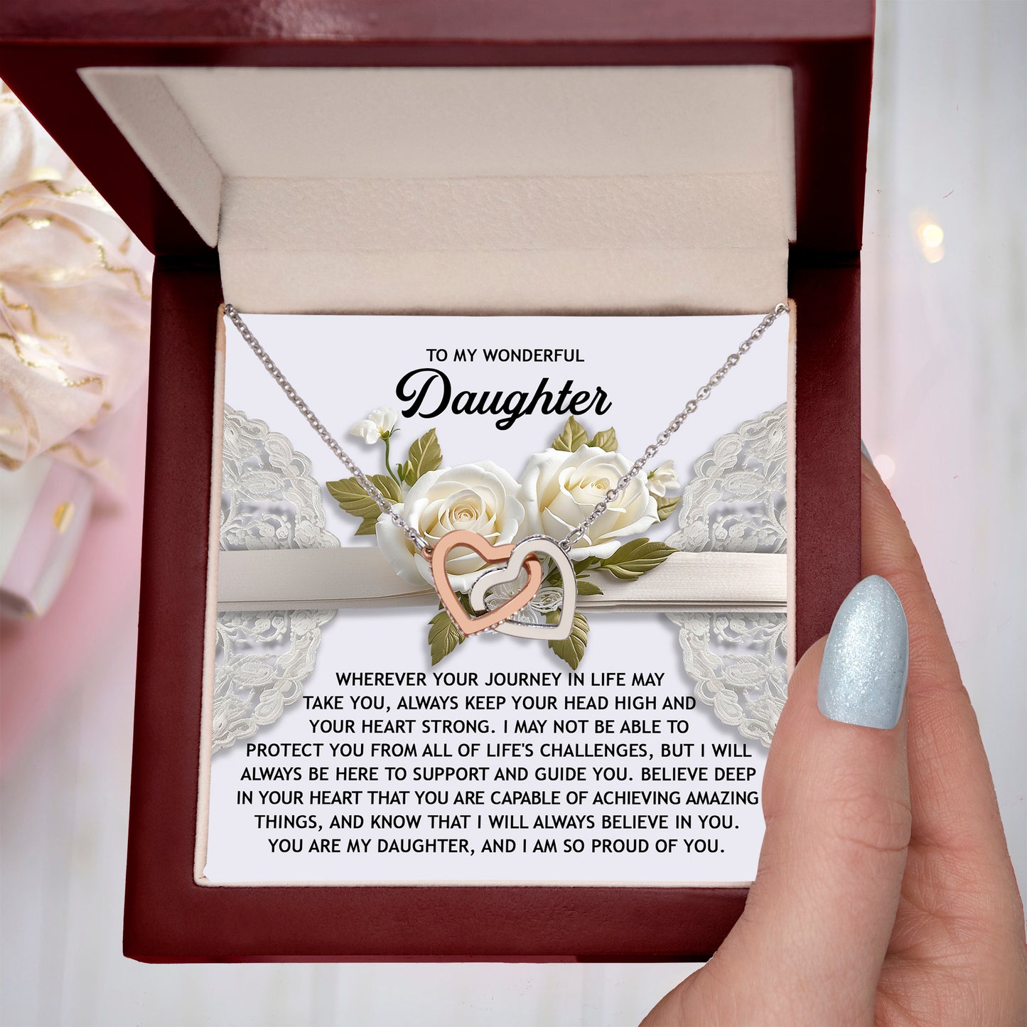 To My Wonderful Daughter - Interlocking Hearts Necklace – Inspirational Gift for Strength & Confidence - Mallard Moon Gift Shop