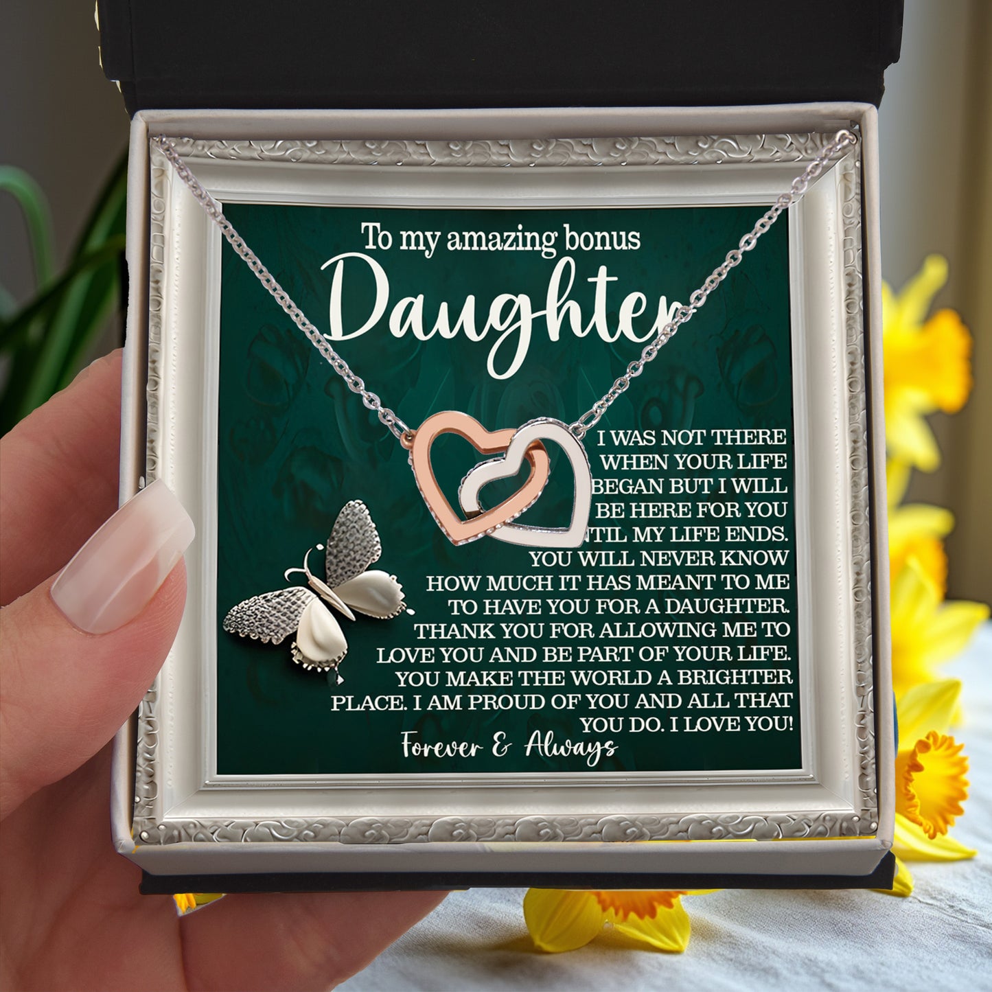 Bonus Daughter Gift - You Make the World a Brighter Place - Interlocking Hearts Necklace - Mallard Moon Gift Shop