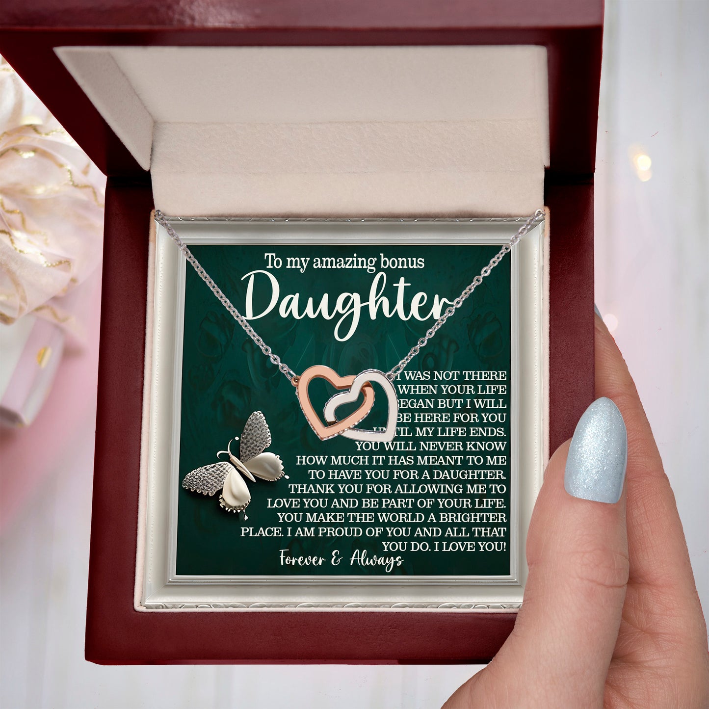 Bonus Daughter Gift - You Make the World a Brighter Place - Interlocking Hearts Necklace - Mallard Moon Gift Shop