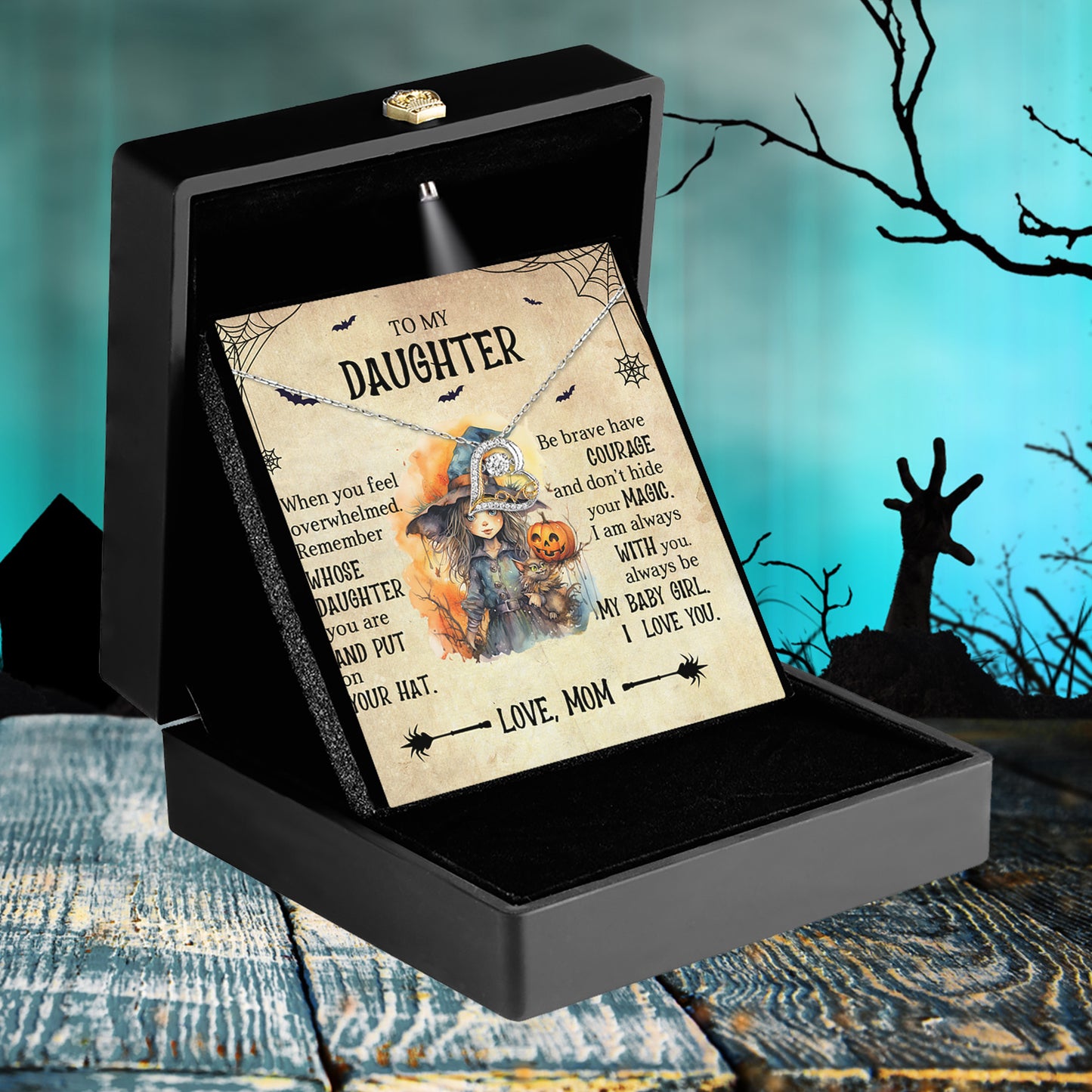 Daughter Halloween Inspired - Put Your Hat On and Don't Hide Your Magic Love Dancing Heart Necklace - Mallard Moon Gift Shop