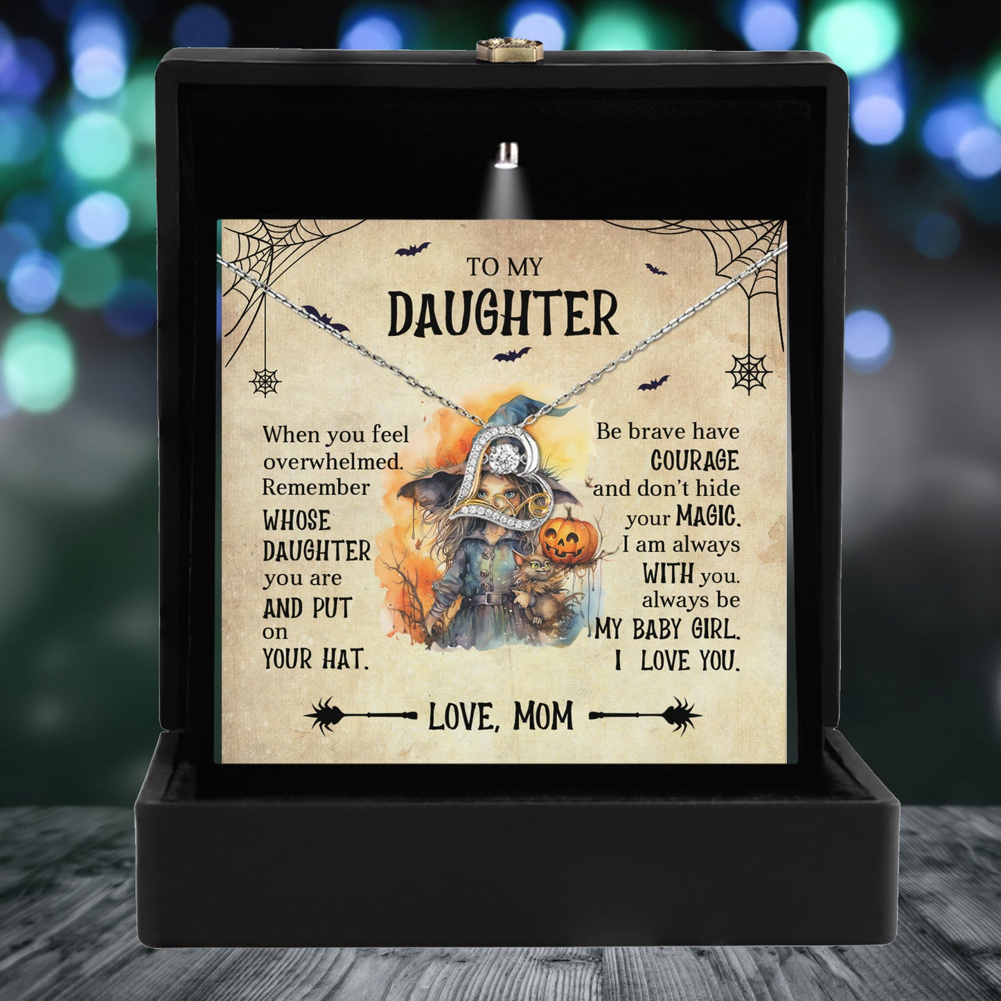 Daughter Halloween Inspired - Put Your Hat On and Don't Hide Your Magic Love Dancing Heart Necklace - Mallard Moon Gift Shop