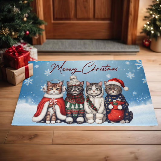 Meowy Christmas Doormat – Full Color Cat Holiday Welcome Mat Gift - Mallard Moon