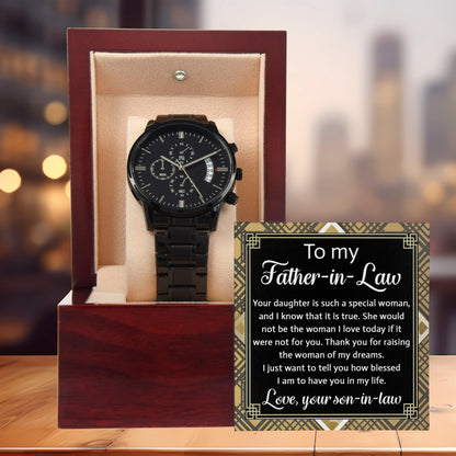 Gift for Father-In-Law - Your Daughter is a Special Woman From Son-in-law Black Chronograph Watch - Mallard Moon Gift Shop