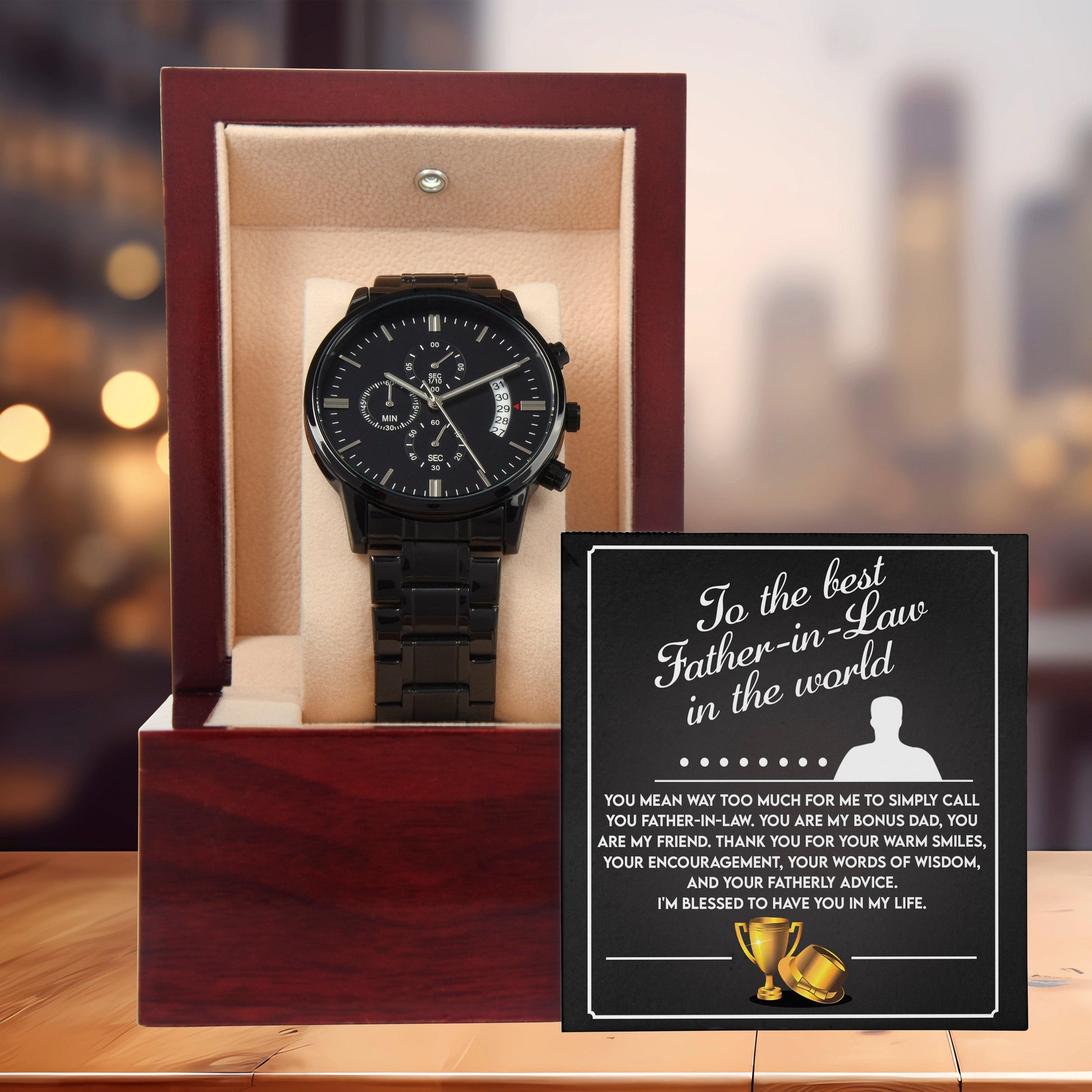 Gift for Father-In-Law My Bonus Dad My Best Friend Black Chronograph Watch - Mallard Moon Gift Shop