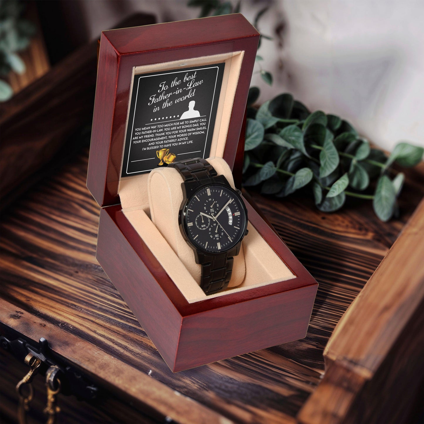 Gift for Father-In-Law My Bonus Dad My Best Friend Black Chronograph Watch - Mallard Moon Gift Shop