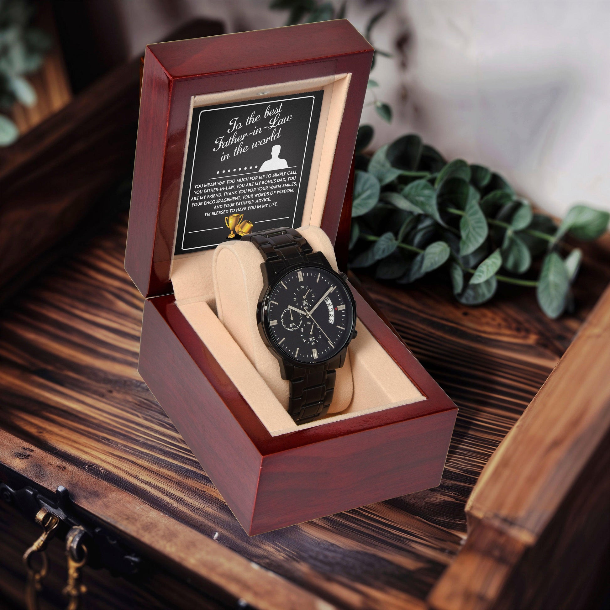 Gift for Father-In-Law My Bonus Dad My Best Friend Black Chronograph Watch - Mallard Moon Gift Shop