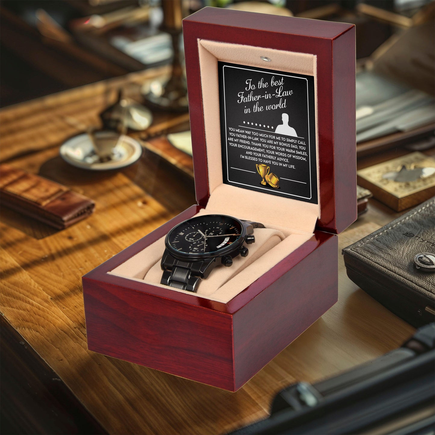 Gift for Father-In-Law My Bonus Dad My Best Friend Black Chronograph Watch - Mallard Moon Gift Shop