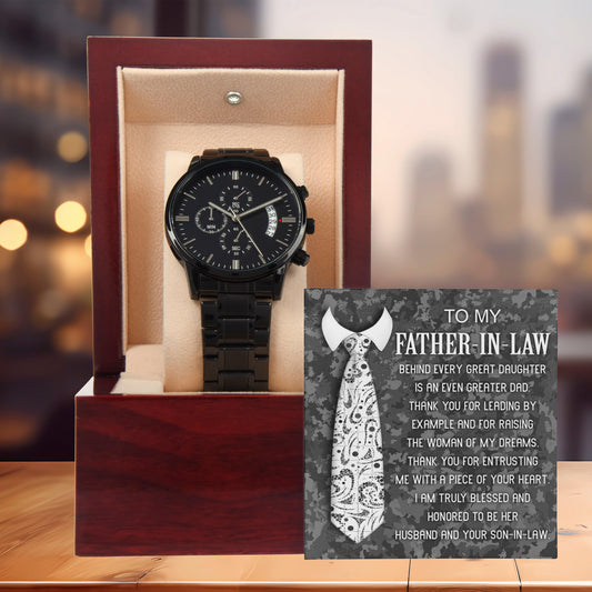 Gift for Father-In-Law - Behind Every Great Daughter is an Even Greater Dad Black Chronograph Watch - Mallard Moon Gift Shop
