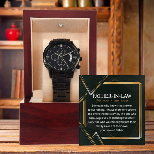 Gift for Father-in-Law - Definition: Someone Who Knows the Answer - Black Chronograph Watch - Mallard Moon Gift Shop