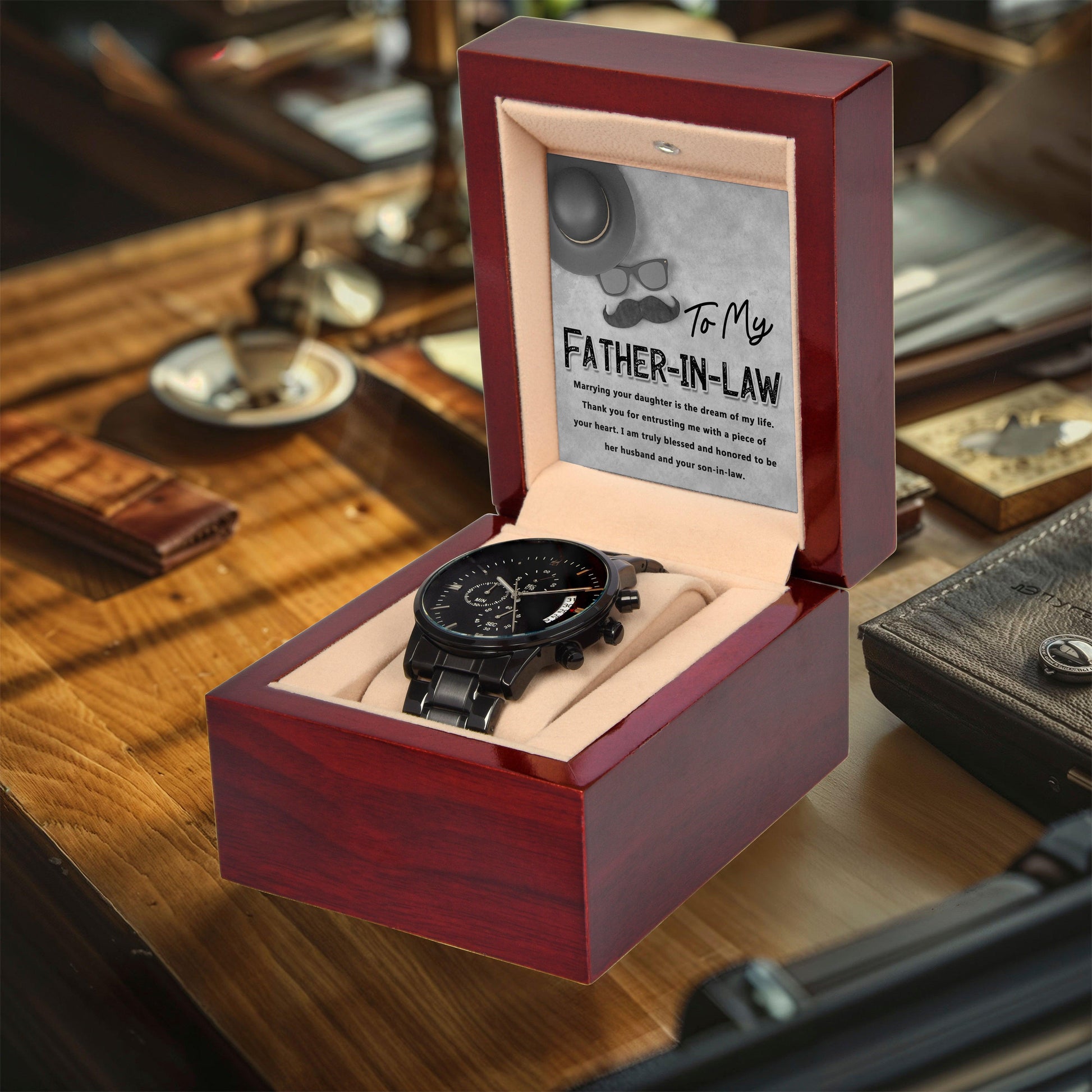 Gift for Father-in-Law - Honored To Be Your Son-in-Law Black Chronograph Watch - Mallard Moon Gift Shop