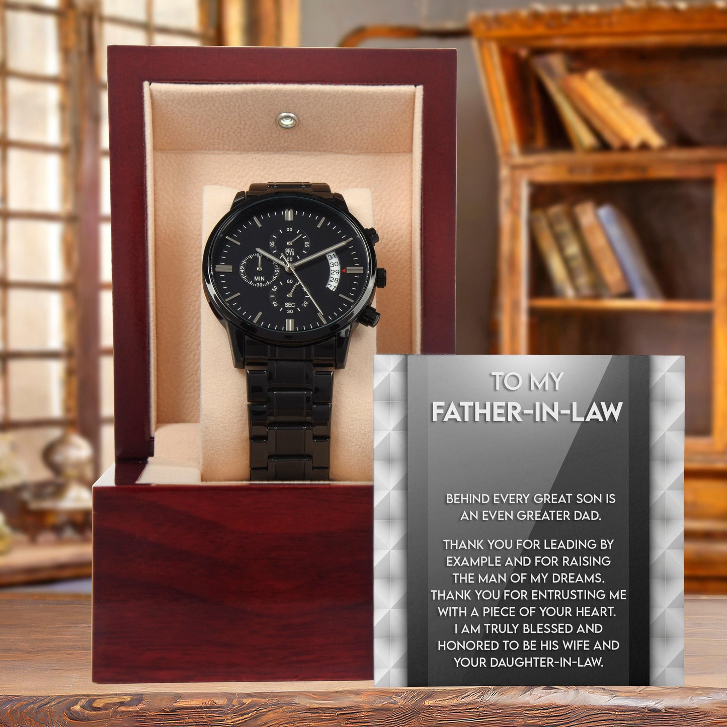 Gift for Father-in-Law Behind Every Great Son Is a Greater Dad Black Chronograph Watch - Mallard Moon Gift Shop