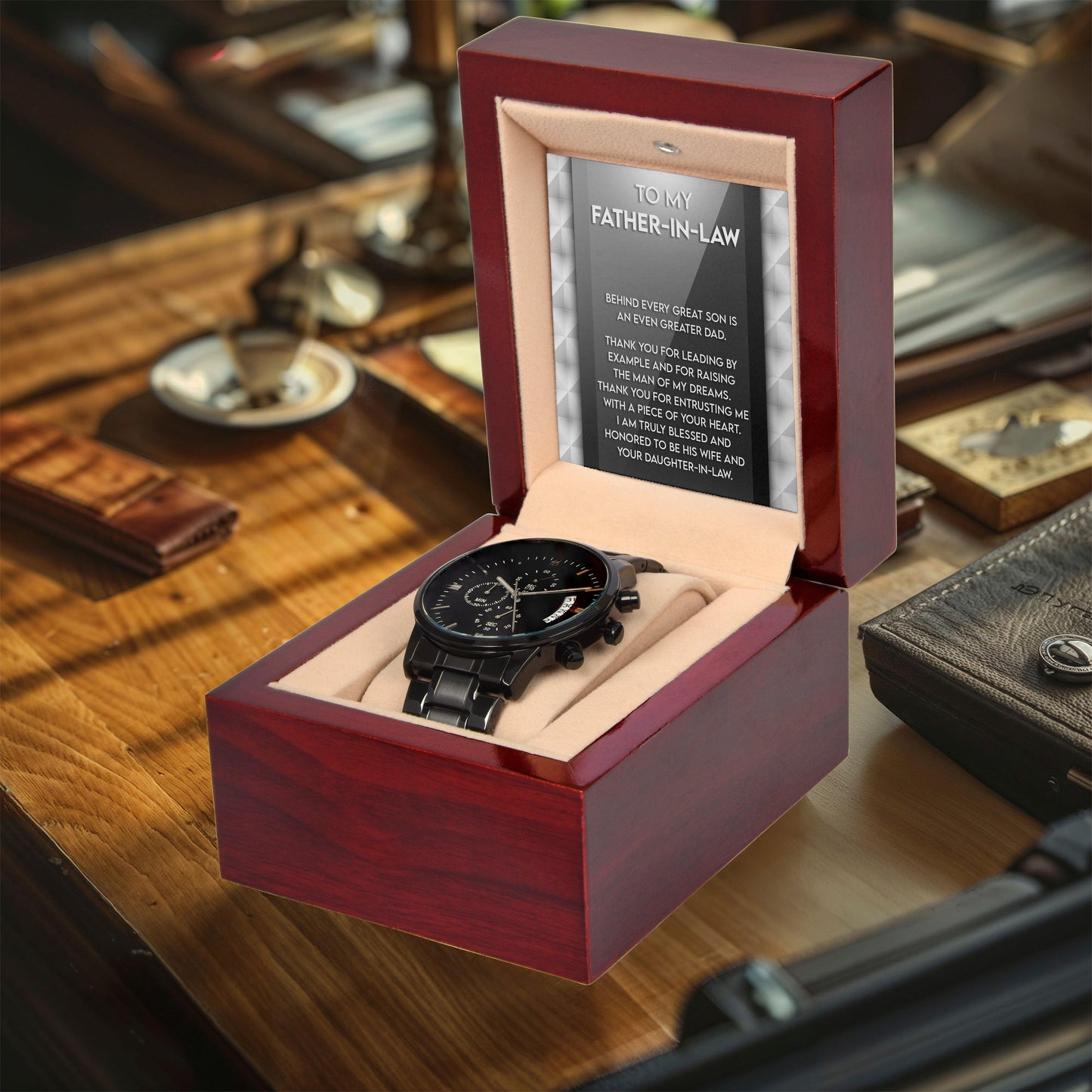 Gift for Father-in-Law Behind Every Great Son Is a Greater Dad Black Chronograph Watch - Mallard Moon Gift Shop