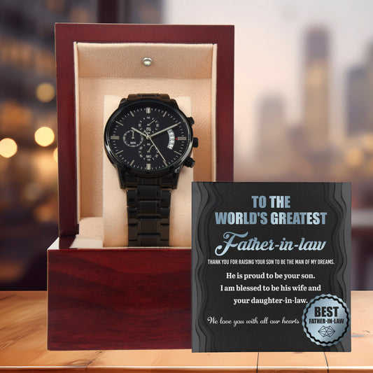 Gift for Father-in-Law He is Proud To Be Your Son Black Chronograph Watch - Mallard Moon Gift Shop