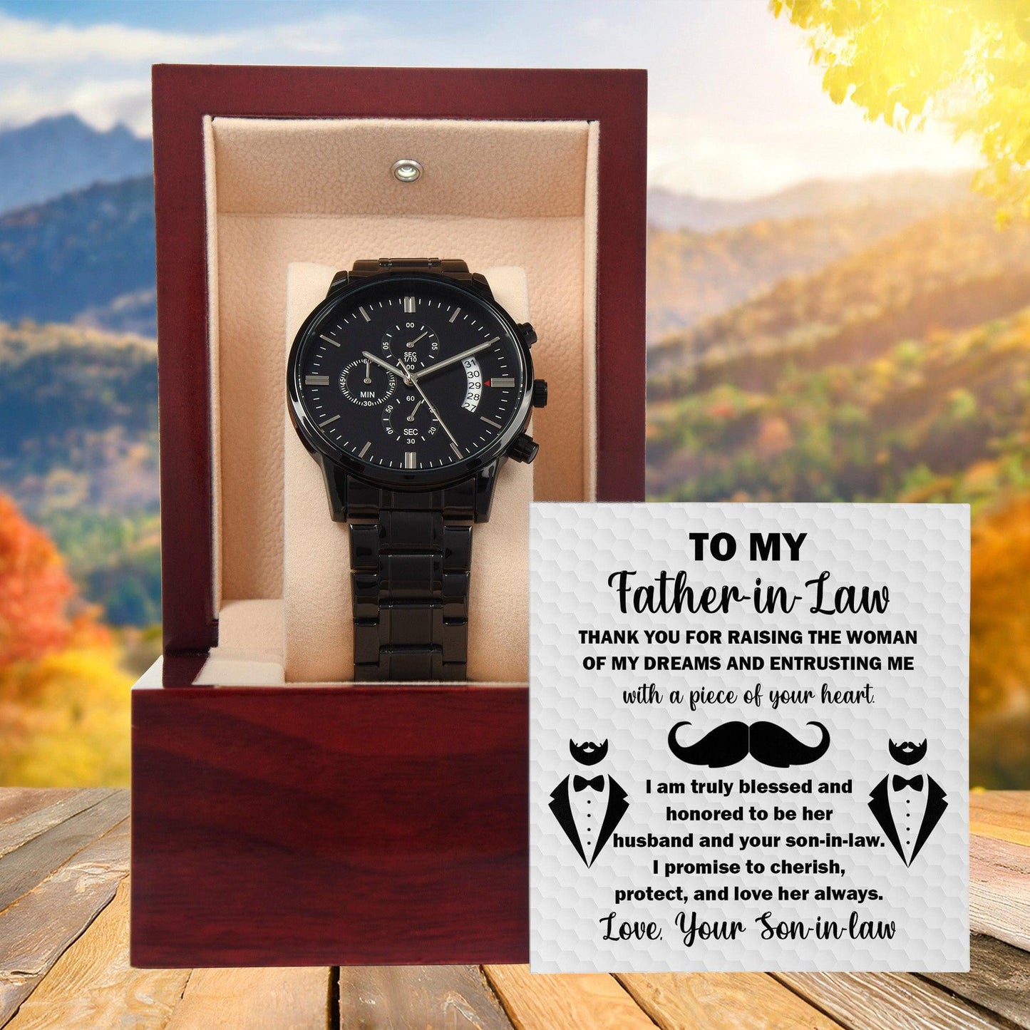 Gift for Father-in-Law Thank You For Raising the Woman of My Dreams  Black Chronograph Watch - Mallard Moon Gift Shop