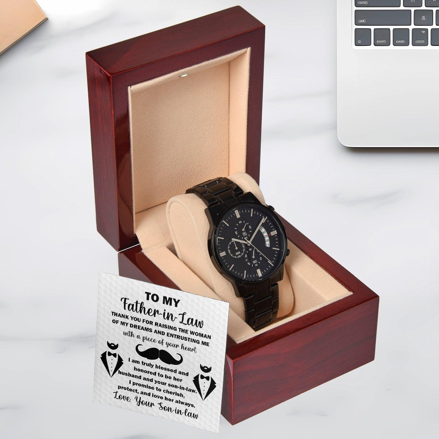 Gift for Father-in-Law Thank You For Raising the Woman of My Dreams  Black Chronograph Watch - Mallard Moon Gift Shop