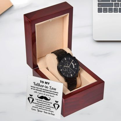 Gift for Father-in-Law Thank You For Raising the Woman of My Dreams  Black Chronograph Watch - Mallard Moon Gift Shop