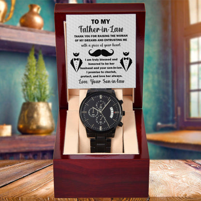 Gift for Father-in-Law Thank You For Raising the Woman of My Dreams  Black Chronograph Watch - Mallard Moon Gift Shop