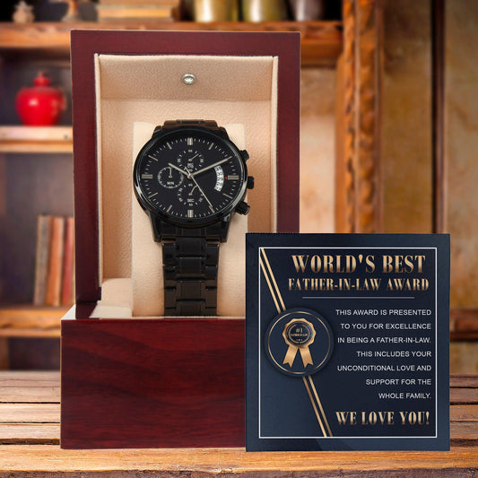 World's Best Father-in-Law Gift Unconditional Love and Support Black Chronograph Watch - Mallard Moon Gift Shop