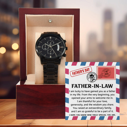 Gift for Father-in-law - I am Lucky to Have You as my Father Black Chronograph Watch - Mallard Moon Gift Shop