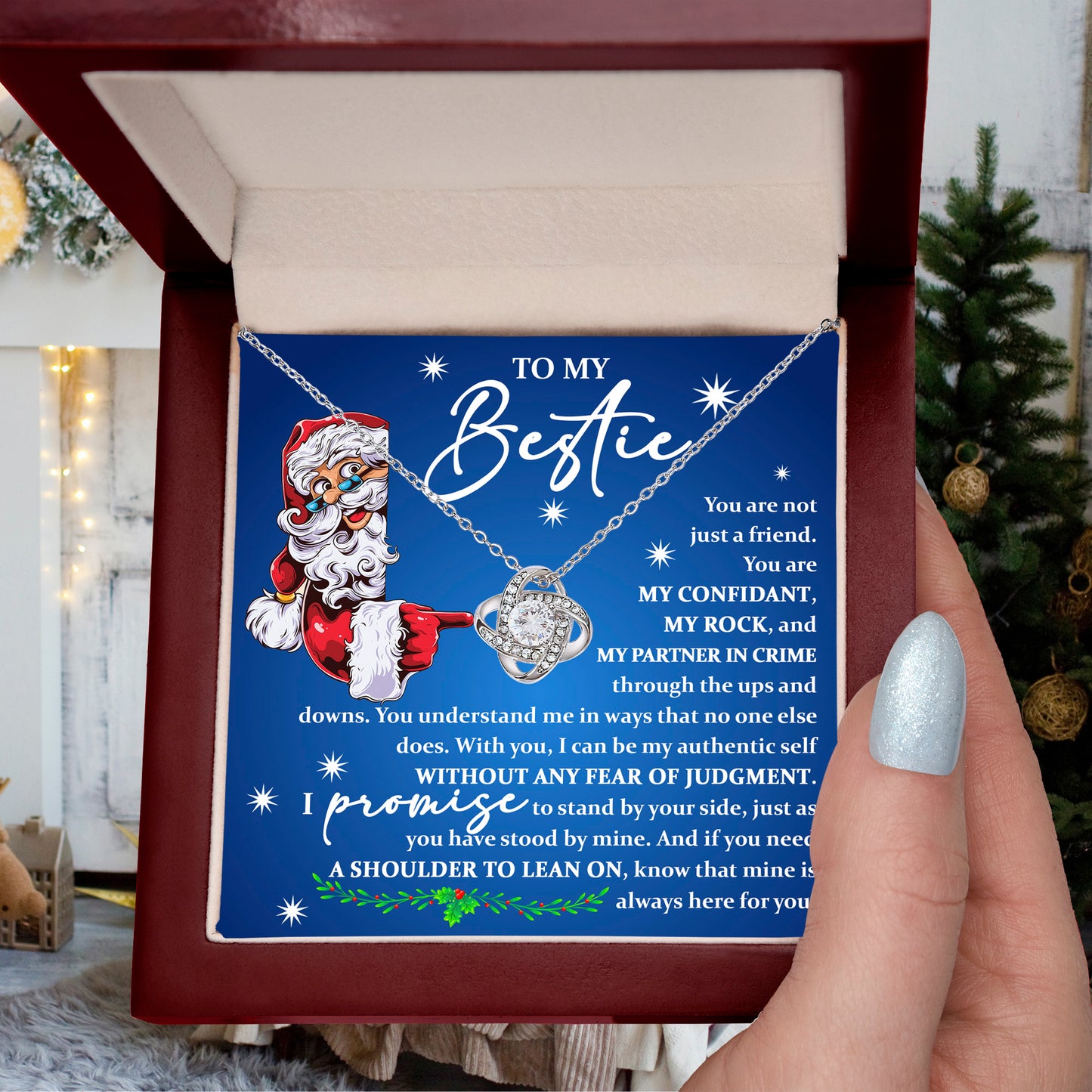 To My Bestie - You are My Rock and My Partner in Crime - Love Knot Necklace - Mallard Moon Gift Shop