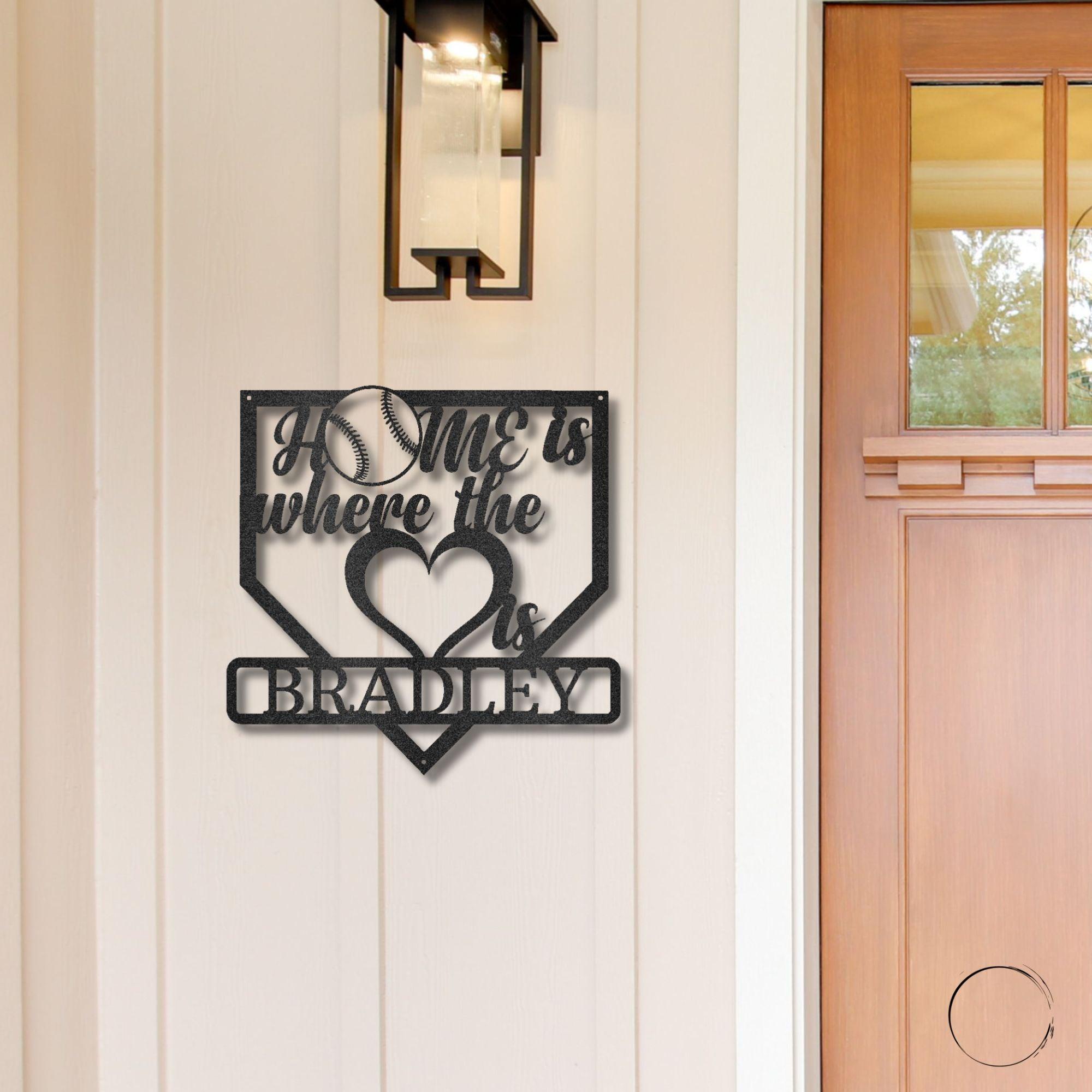 Baseball Home Is Where the Heart Is Custom Name Metal Art Wall Sign - Mallard Moon Gift Shop