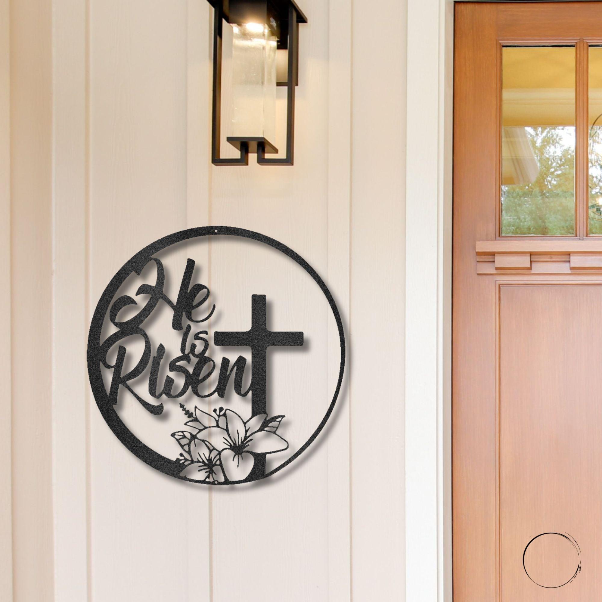 He Is Risen Easter Cross Metal Wall Sign – Christian Home Decor – 5 Sizes & 5 Colors – Religious Spring Decoration – Made in the USA – Easter Faith Gift for Home or Church - Mallard Moon Gift Shop