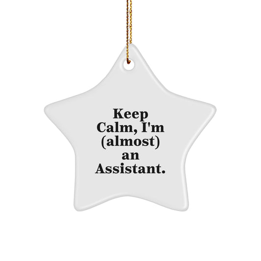 Funny Assistant Gifts: 'Keep Calm, I'm (almost) An Assistant.' Star Ornament, White, 3.25" tall, Gifts from Friends, Family, or Coworkers, Christmas Unique Gifts