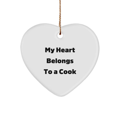 Funny Cook Gifts from Friends - My Heart Belongs To A Cook Heart Ornament, Unique Christmas Unique Gifts for Cook, Heart-Shaped Ornament with Gold Cord