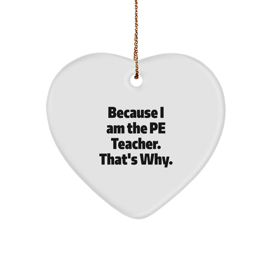 Funny PE Teacher Gifts from Friends - Because I Am The PE Teacher. That's Why. Christmas Heart Ornament for Men