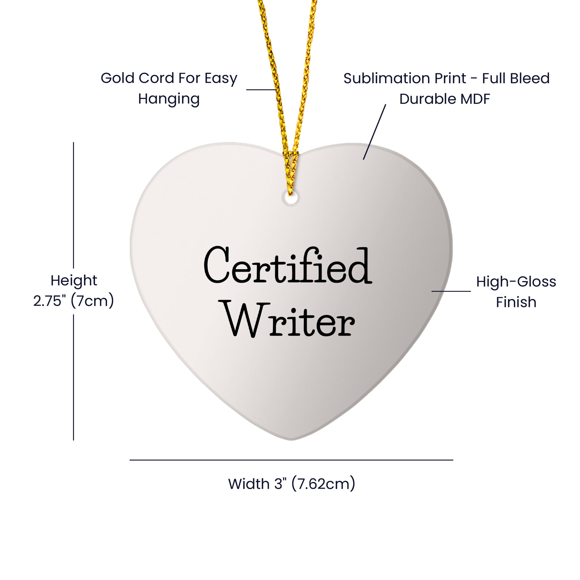 Funny Quote Writer Gifts from Friends for Christmas Heart Ornament, 'Certified Writer' on White Heart Shaped MDF with Glossy Finish, Perfect for Home Decor
