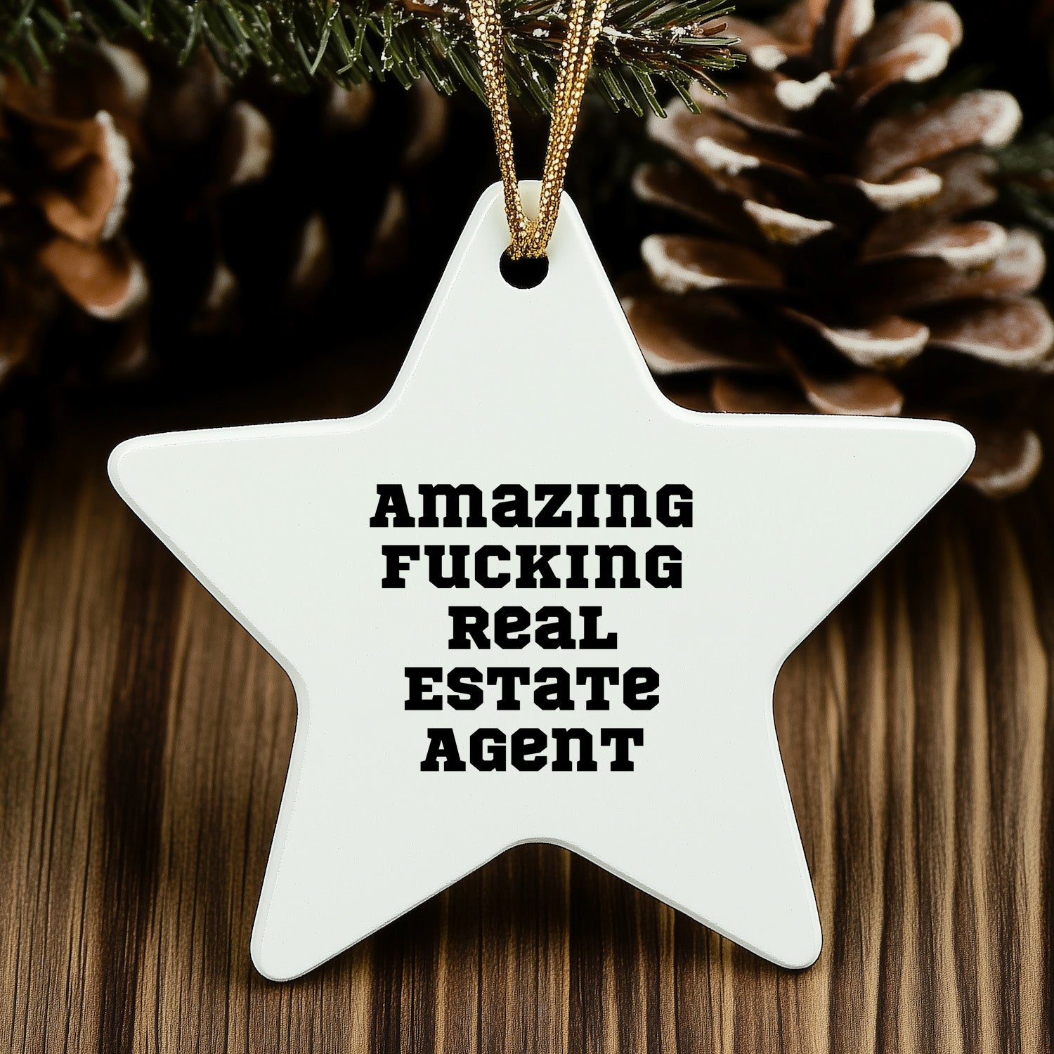 Funny Real Estate Agent Gifts Star Ornament for Christmas, 'Amazing F-king Real Estate Agent' Quote, Unique Star Shaped Decor for Home or Office