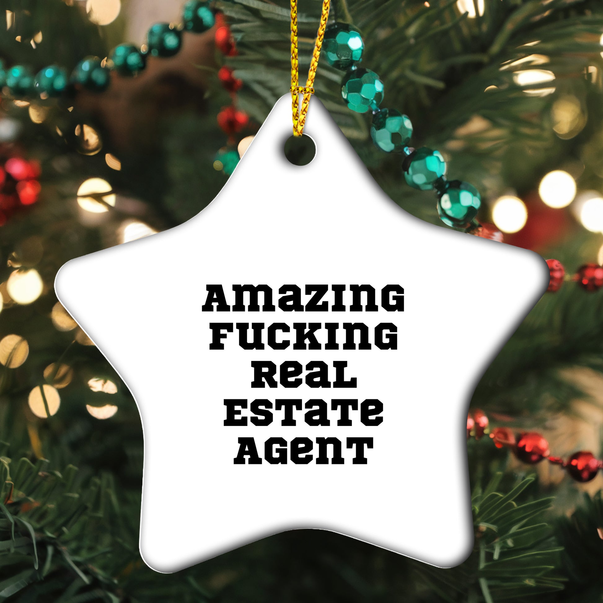 Funny Real Estate Agent Gifts Star Ornament for Christmas, 'Amazing F-king Real Estate Agent' Quote, Unique Star Shaped Decor for Home or Office