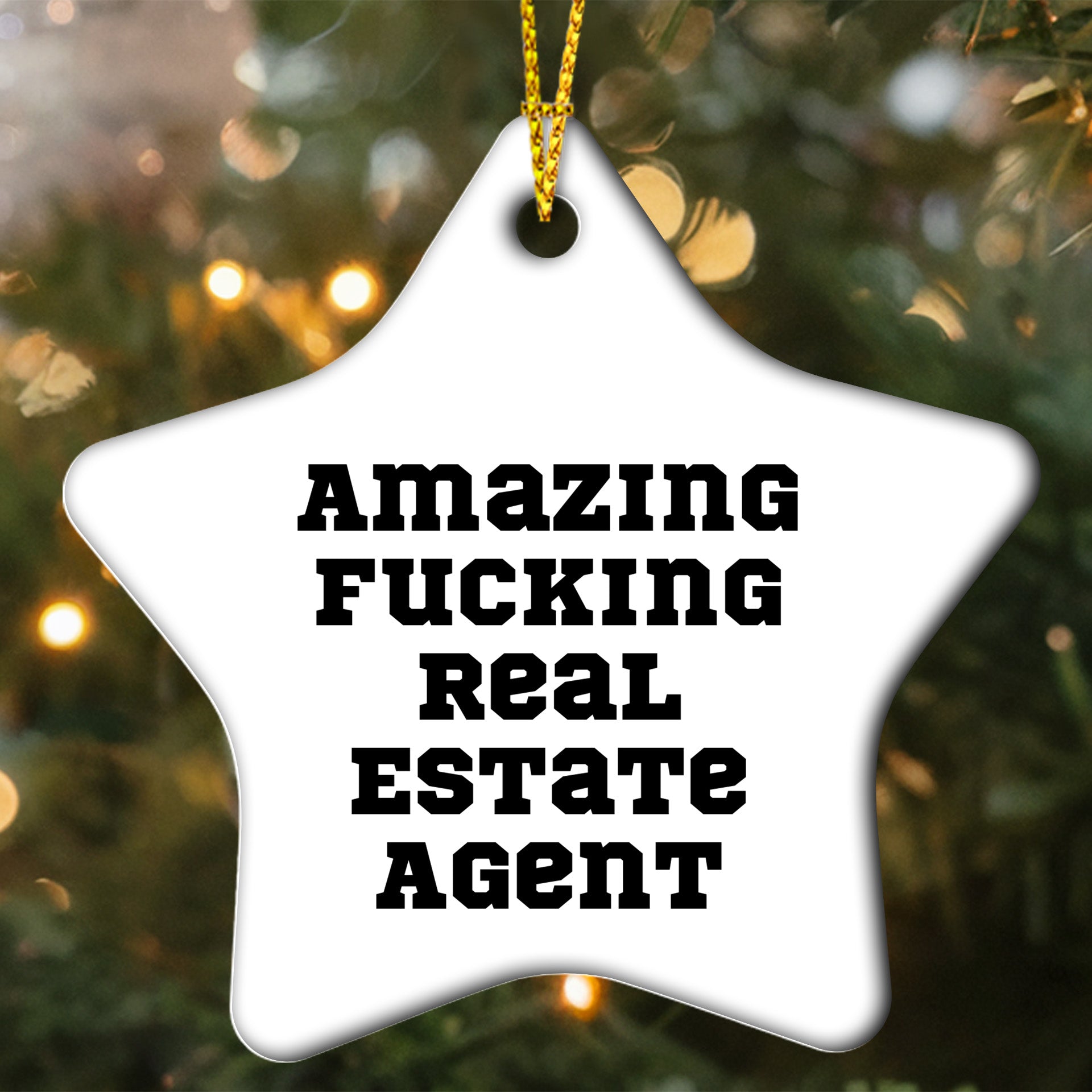 Funny Real Estate Agent Gifts Star Ornament for Christmas, 'Amazing F-king Real Estate Agent' Quote, Unique Star Shaped Decor for Home or Office