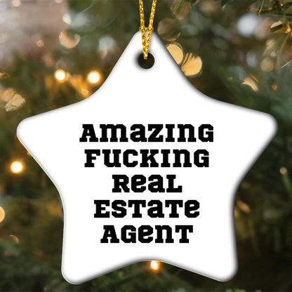Funny Real Estate Agent Gifts Star Ornament for Christmas, 'Amazing F-king Real Estate Agent' Quote, Unique Star Shaped Decor for Home or Office