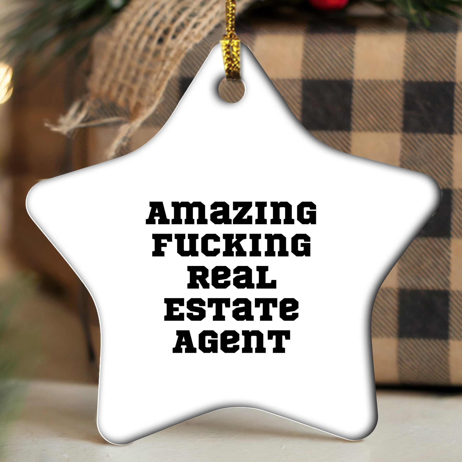 Funny Real Estate Agent Gifts Star Ornament for Christmas, 'Amazing F-king Real Estate Agent' Quote, Unique Star Shaped Decor for Home or Office