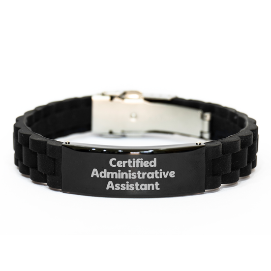 Funny Certified Administrative Assistant Gifts from Men to Administrative Assistants on Father's Day - Glide lock Clasp Adjustable Black Stainless Steel Silicone Bracelet - Image 1