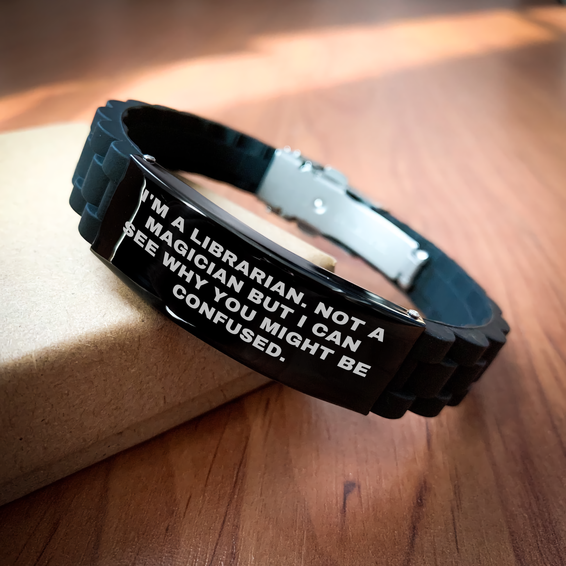 Funny Librarian Gifts: Gifts from Friends for Librarian Dad, Adjustable Glide lock Clasp Black Stainless Steel Silicone Bracelet for Father's Day - Image 2
