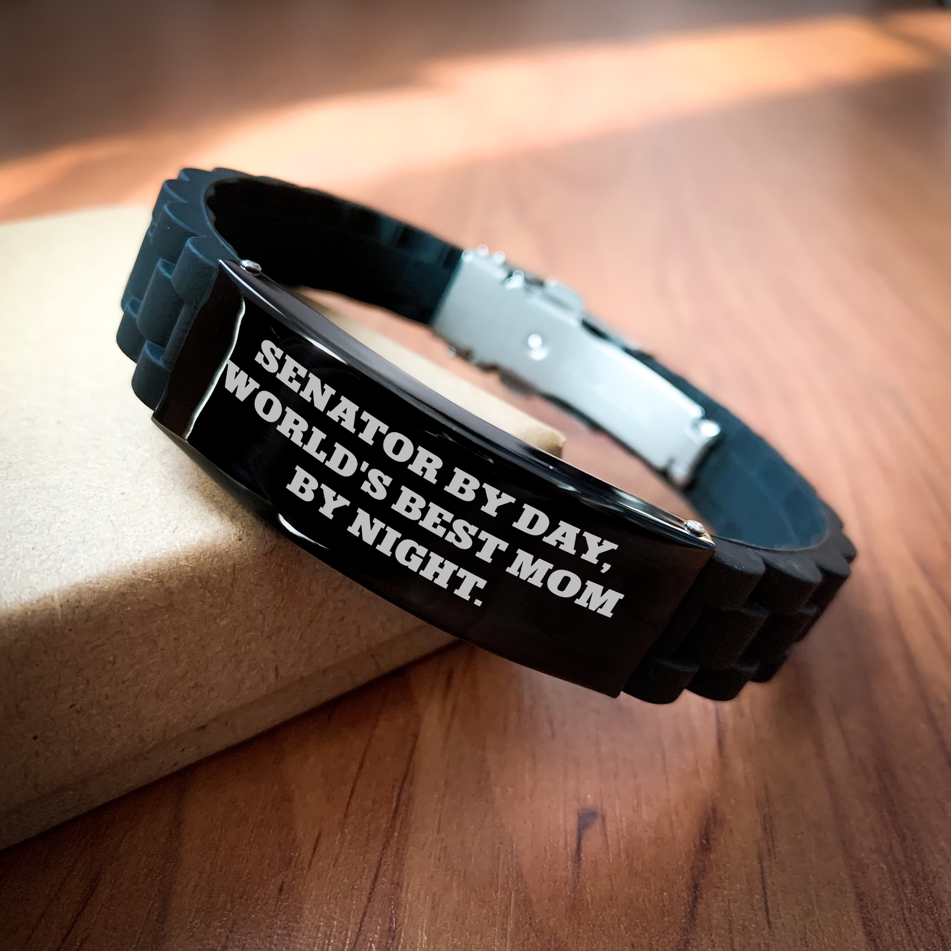 Senator Gifts, Funny Quote, Glide lock Clasp Black Stainless Steel Silicone Adjustable Father's Day Unique Gifts from Mom for Senator - Image 2