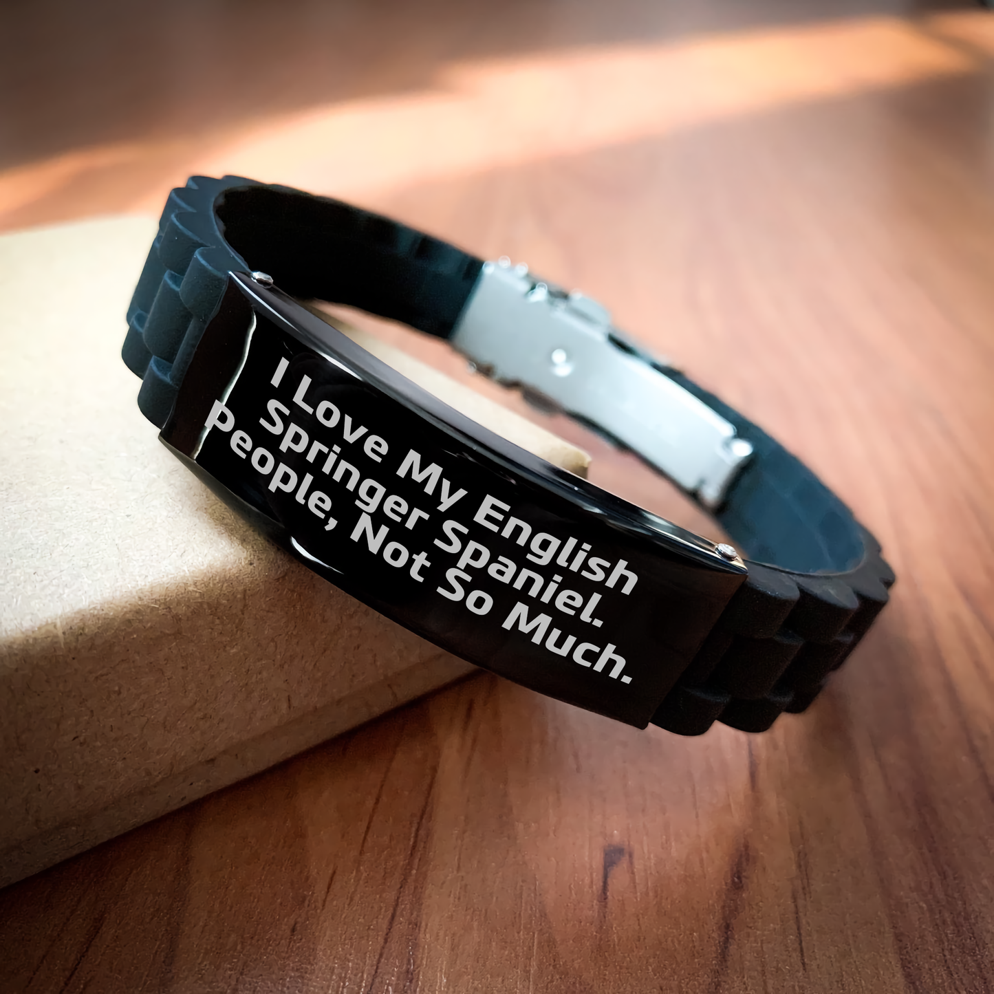 English Springer Spaniel Dog Gifts, Funny Quote Jewelry, Glide lock Clasp Black Stainless Steel Silicone Adjustable Bracelet, Gifts from Men to English Springer Spaniel Dog Dad for Father's Day - Image 2
