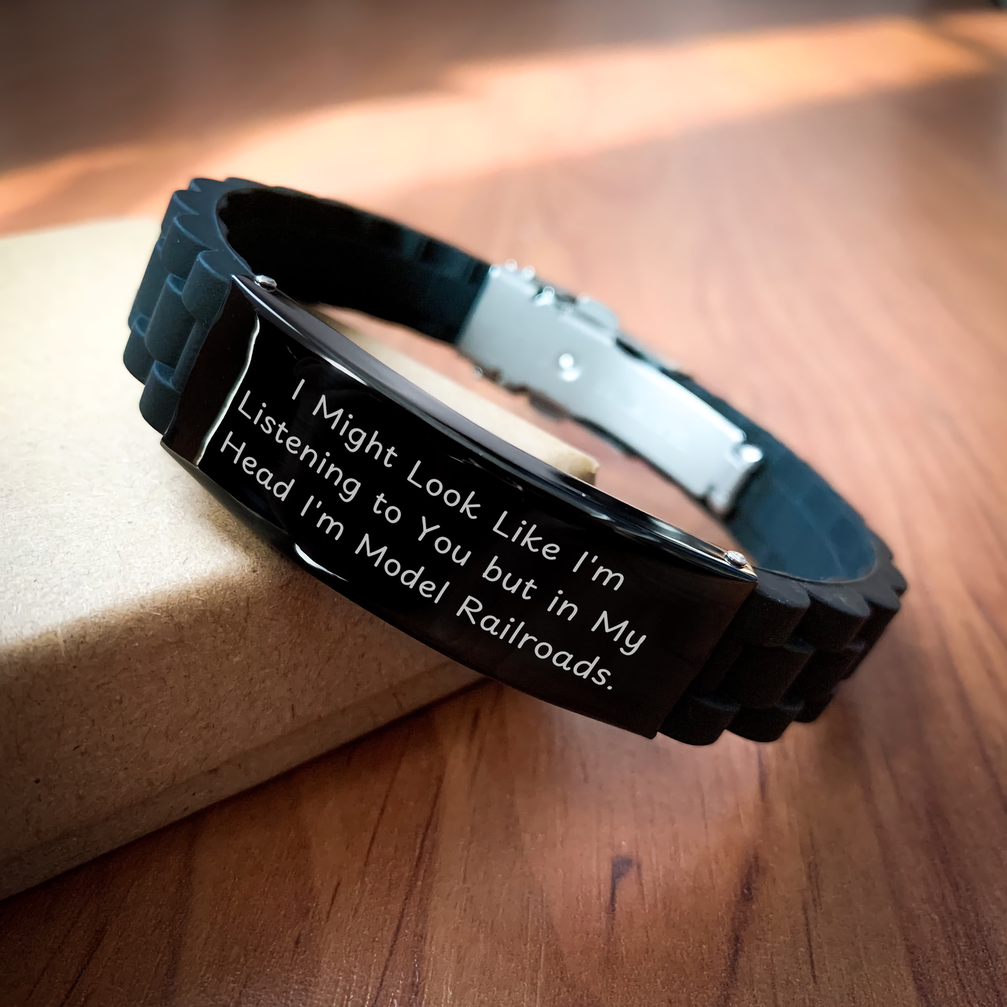 Model Railroads Enthusiasts' Delight, Funny Quote Glide lock Clasp Black Stainless Steel Jewelry for Men, Unique Father's Day Unique Gifts from Family - Image 2