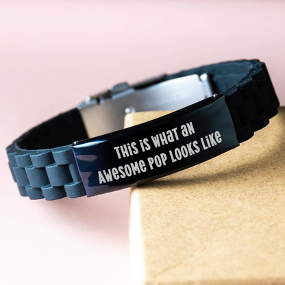 Funny Pop Gift Ideas, 'This Is What An Awesome Pop Looks Like' Quote, Glide lock Clasp Black Stainless Steel Silicone Adjustable Men's Father's Day Unique Gifts from Men to Pop - Image 3
