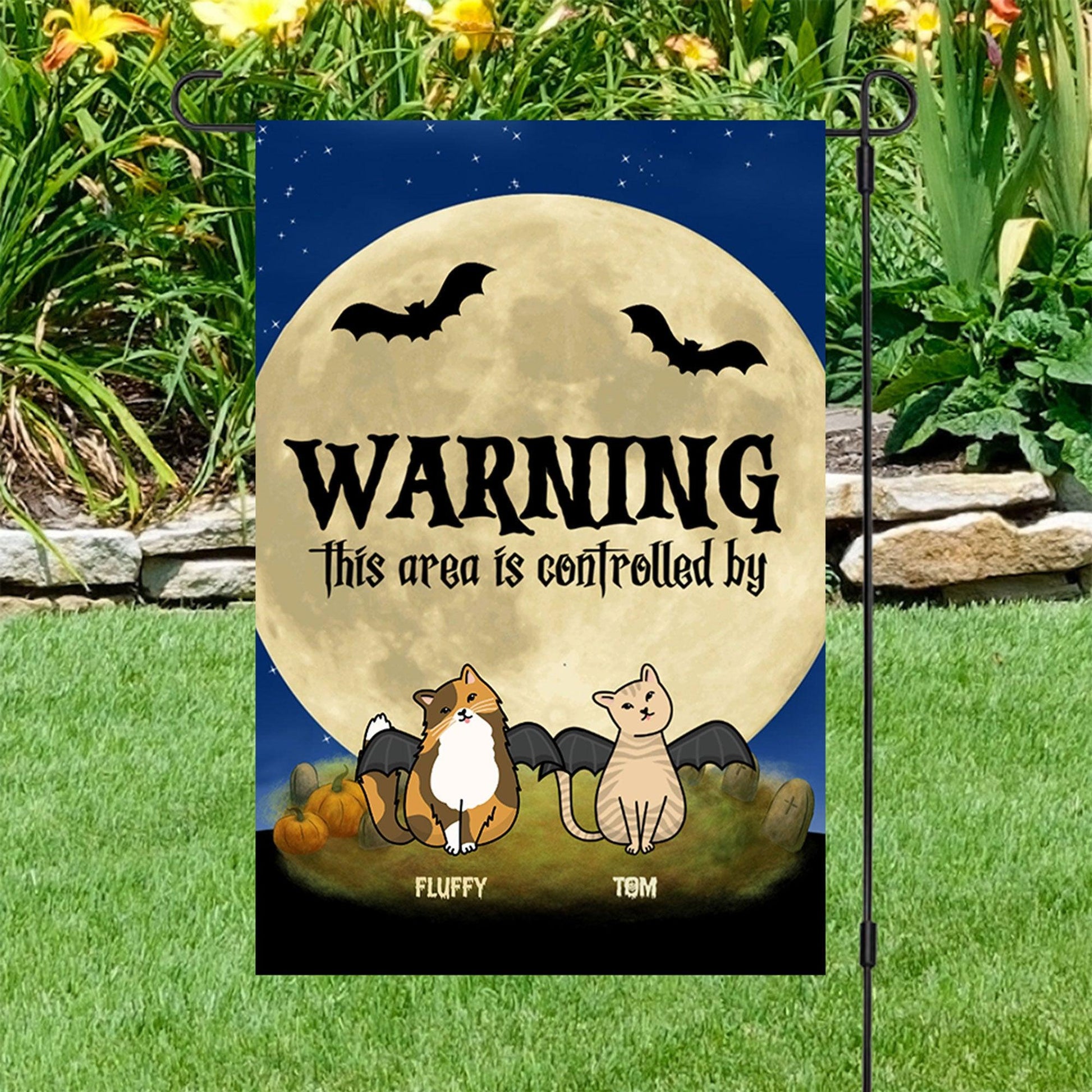 Halloween Cat Personalized Garden Flag - Warning This Area Is Controlled by Cats - Mallard Moon Gift Shop