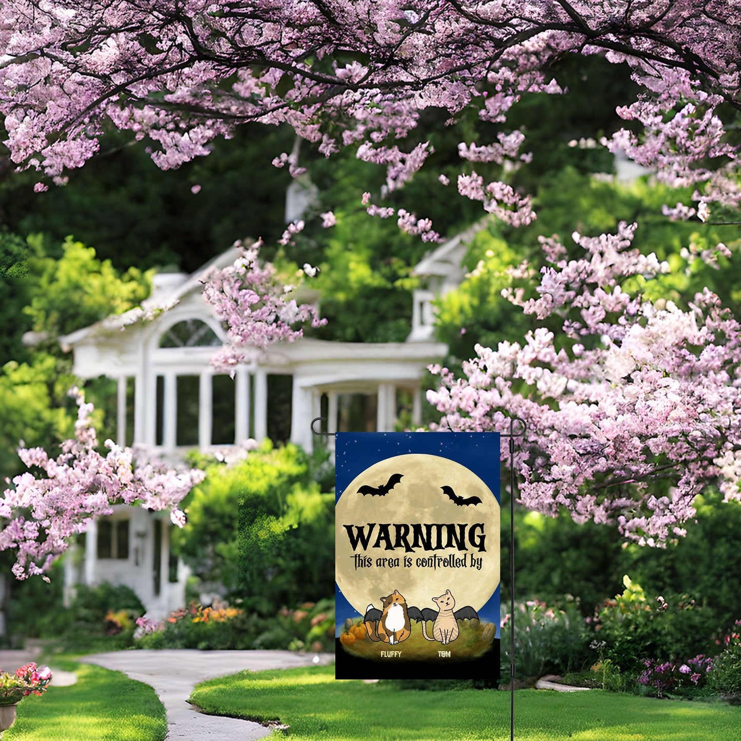 Halloween Cat Personalized Garden Flag - Warning This Area Is Controlled by Cats - Mallard Moon Gift Shop