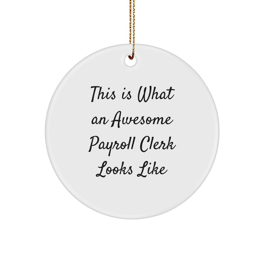 Gifts from Men for Awesome Payroll Clerks - Christmas Circle Ornament, Quote: 'This Is What An Awesome Payroll Clerk Looks Like', Funny, Cute, Inspirational