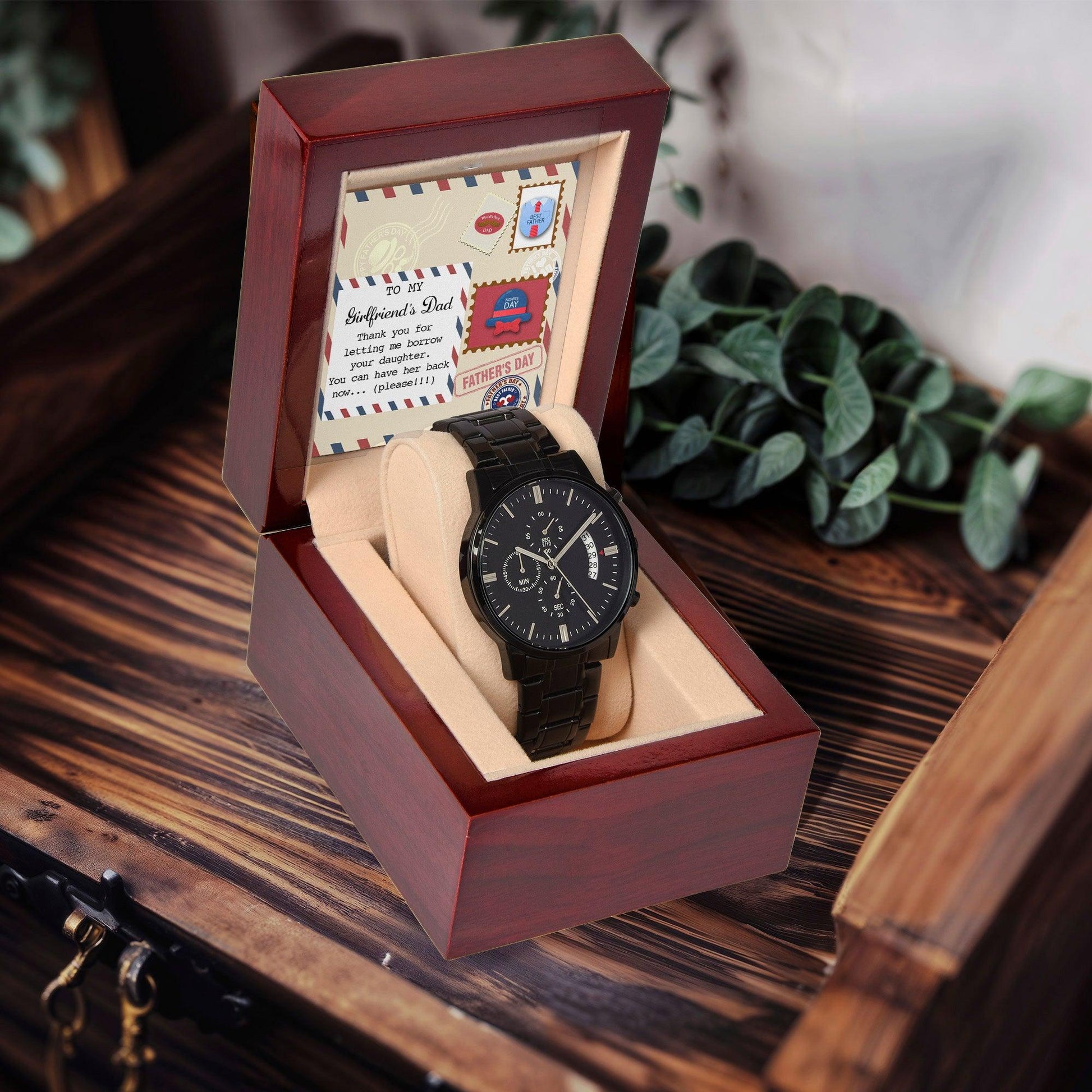 To My Girlfriend's Dad Thanks for Letting Me Borrow Your Daughter You Can Have Her Back Now Please Black Chronograph Watch - Mallard Moon Gift Shop