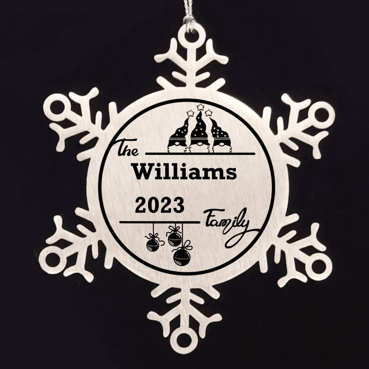 Gnome Family Name Personalized Laser Engraved Stainless Steel Snowflake Tree Ornament