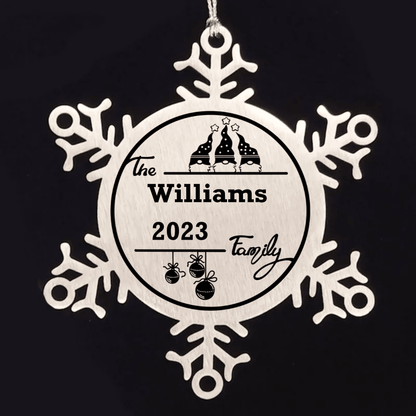 Gnome Family Name Personalized Laser Engraved Stainless Steel Snowflake Tree Ornament
